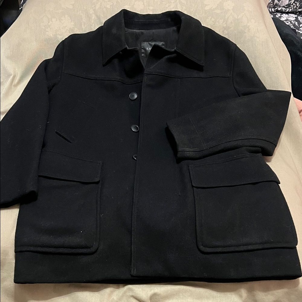 Express Men’s Black Wool Blend Coat Large Button Front Jacket Modern Classic